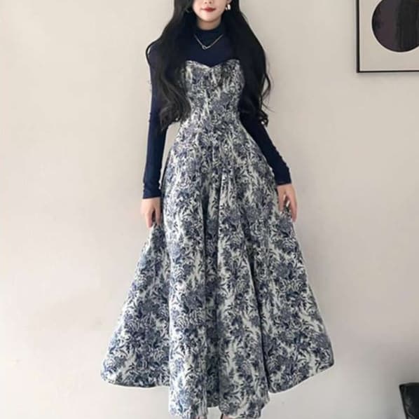 ※売り切れ　ハイネック長袖シアートップス+ワンピース 2点セット｜デート服