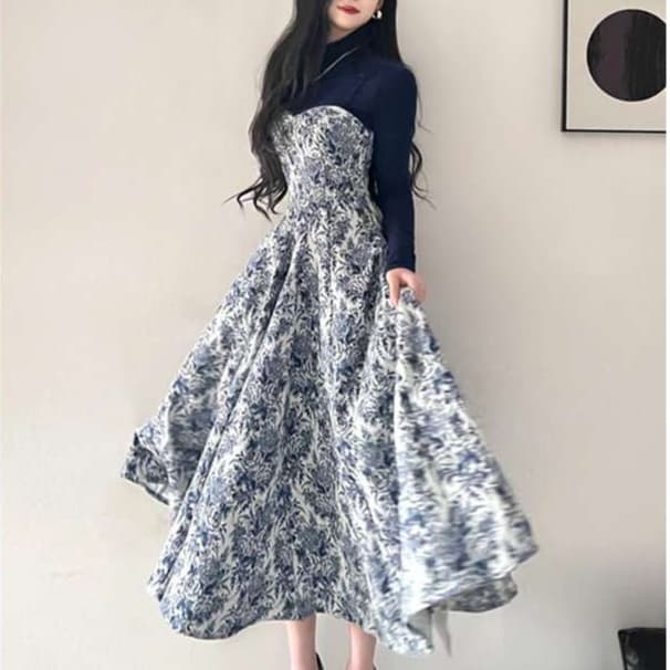 ※売り切れ　ハイネック長袖シアートップス+ワンピース 2点セット｜デート服