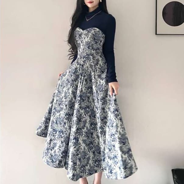 ※売り切れ　ハイネック長袖シアートップス+ワンピース 2点セット｜デート服
