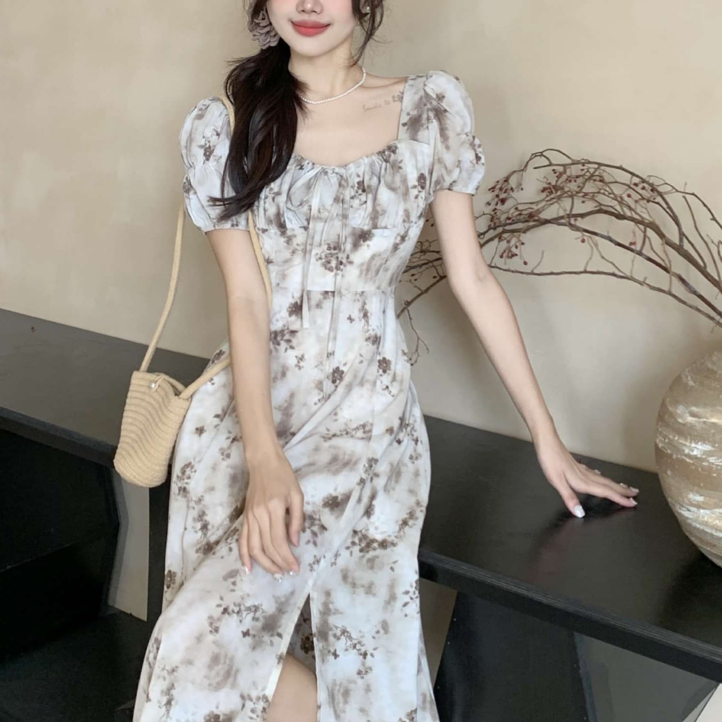 フリル袖花柄ワンピース｜デート服