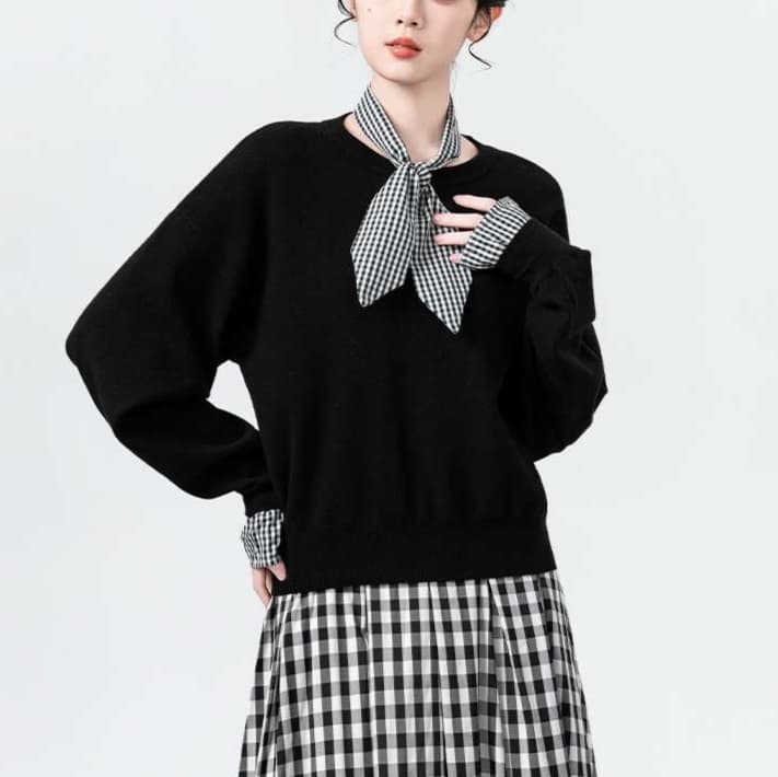 チェックリボン付きニット｜デート服