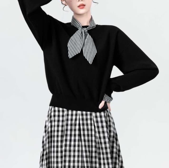 チェックリボン付きニット｜デート服