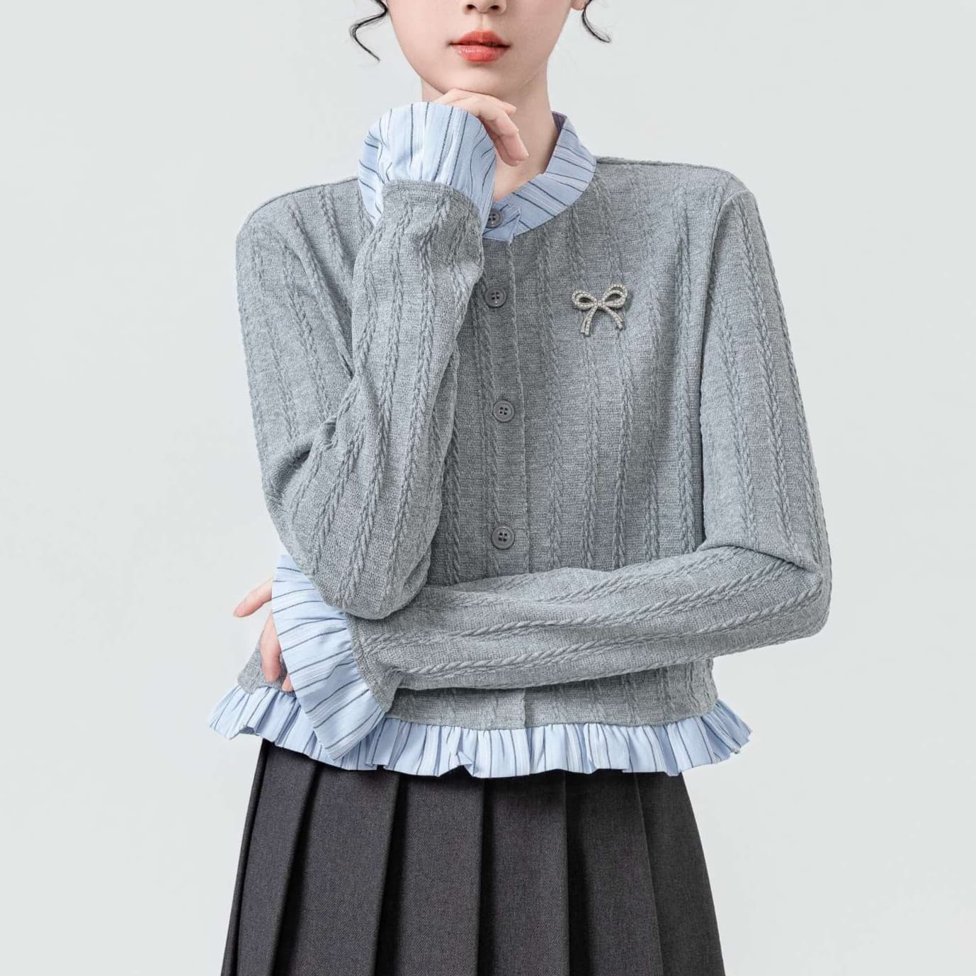 重ね着風リブニットカーディガン｜デート服