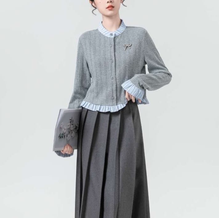 重ね着風リブニットカーディガン｜デート服