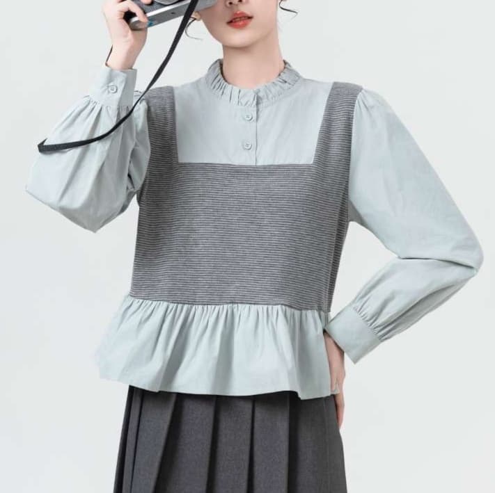 フリル付きシアーコンビネーション長袖ブラウス｜デート服