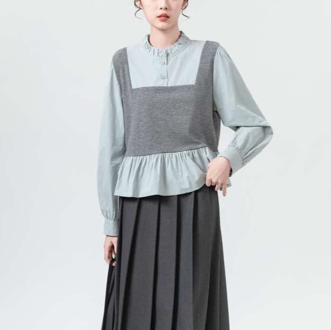 フリル付きシアーコンビネーション長袖ブラウス｜デート服
