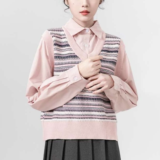 フェアアイル柄ニットベスト｜デート服