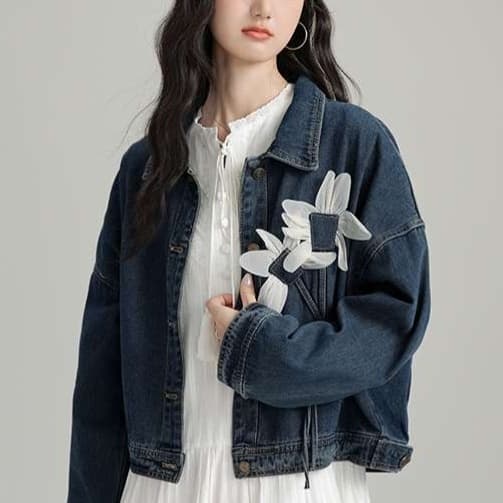 花柄アップリケデニムジャケット｜デート服
