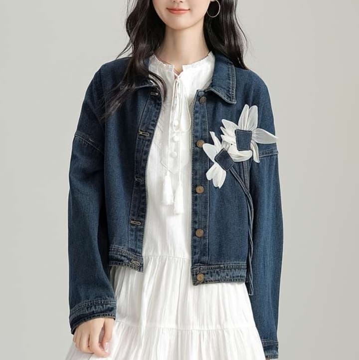 花柄アップリケデニムジャケット｜デート服