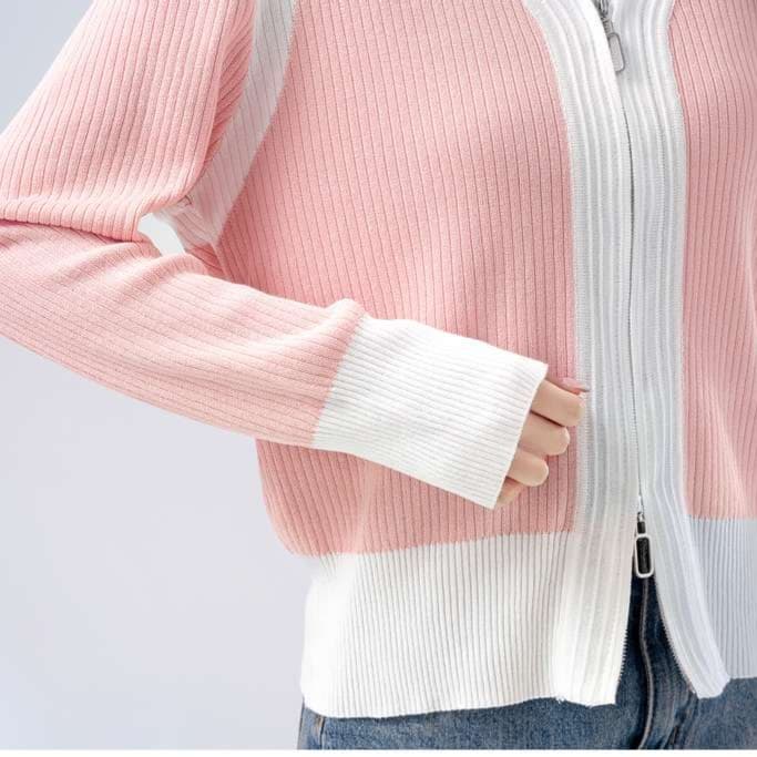 リブ編みバイカラーカーディガン｜デート服