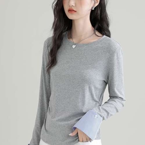 袖口切り替えロングスリーブカットソー｜デート服