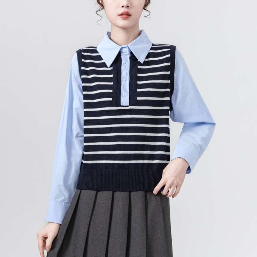 レイヤードニットベスト襟付きシャツ｜デート服