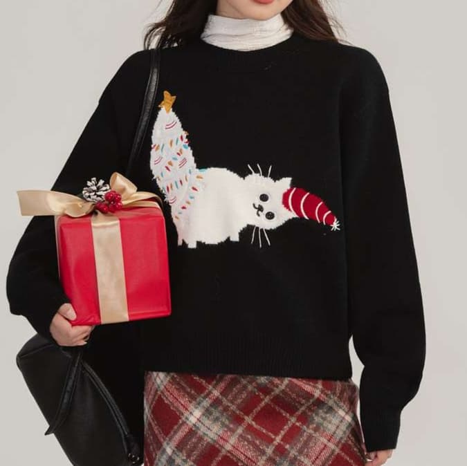 猫ちゃん柄ニット｜デート服