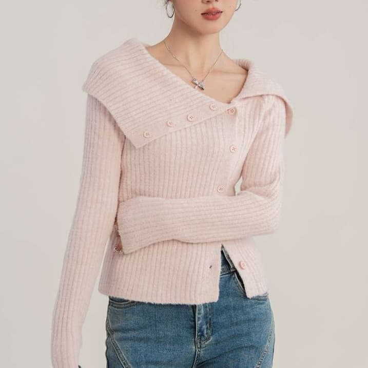 襟抜きリブカーディガン｜デート服