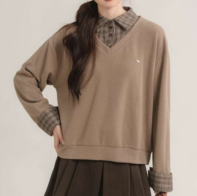 レイヤード風チェックシャツ付きトップス｜デート服