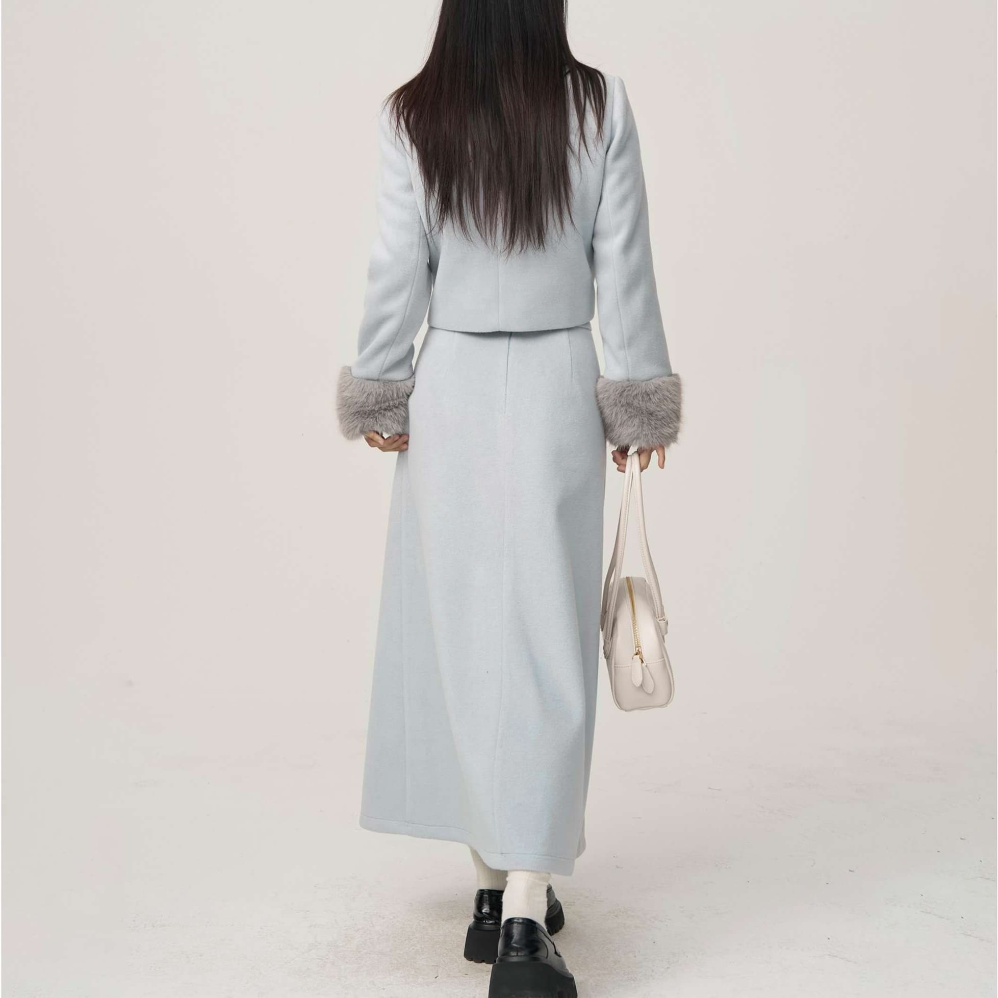 ファーアクセントジャケット＆ロングスカートセットアップ｜デート服