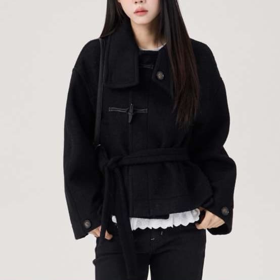 ウエストリボン付きダッフルショートコート｜デート服