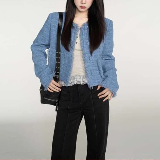 ツイードジャケット＆レースリブトップスコーデセット｜デート服
