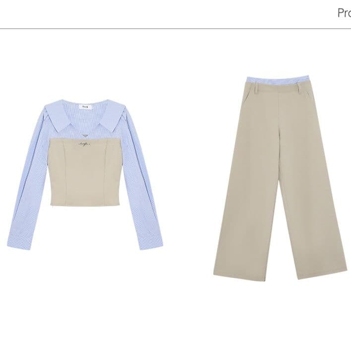 レイヤード風ドッキングトップス×ワイドパンツ セットアップ｜デート服