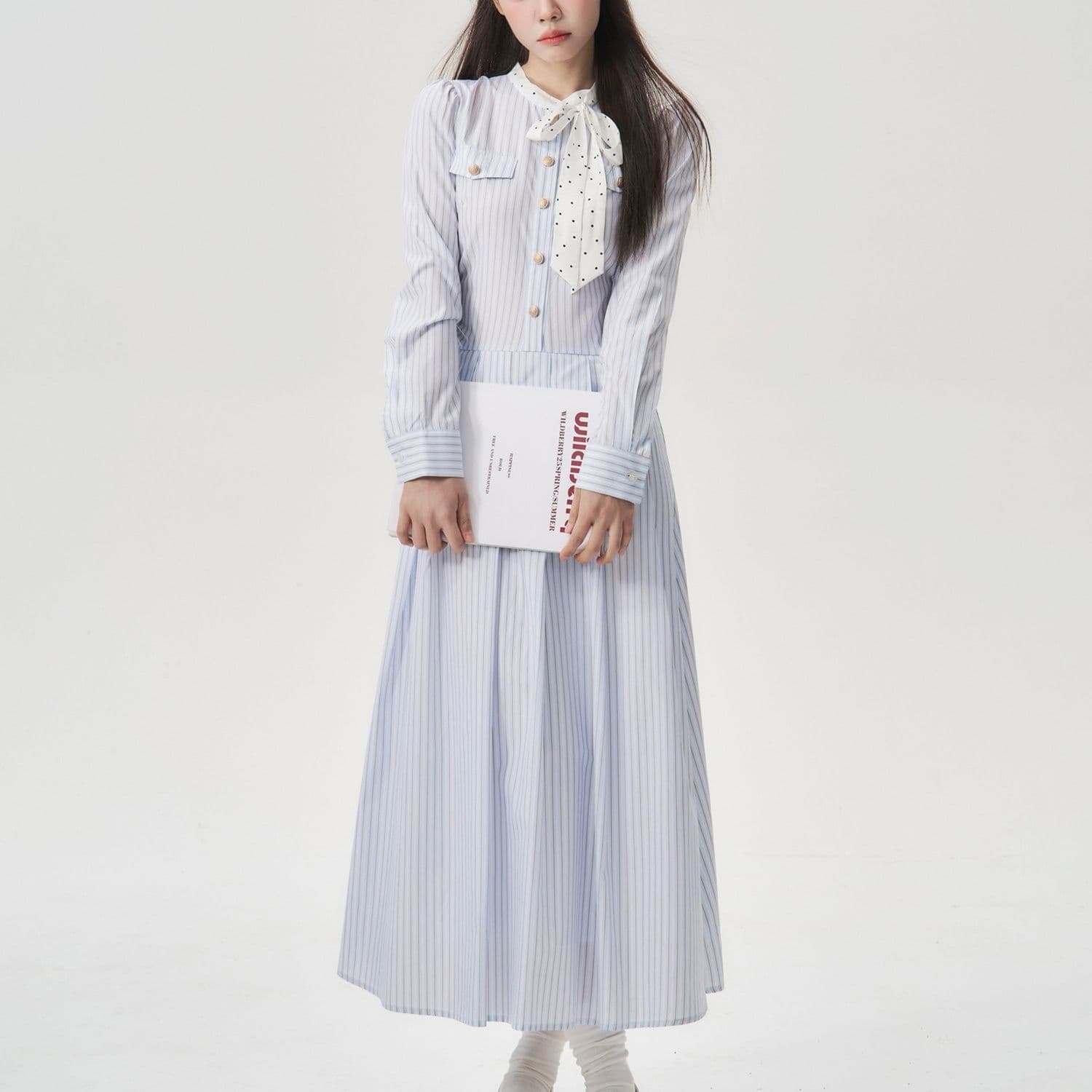 ストライプシャツ風ボウタイワンピース｜デート服