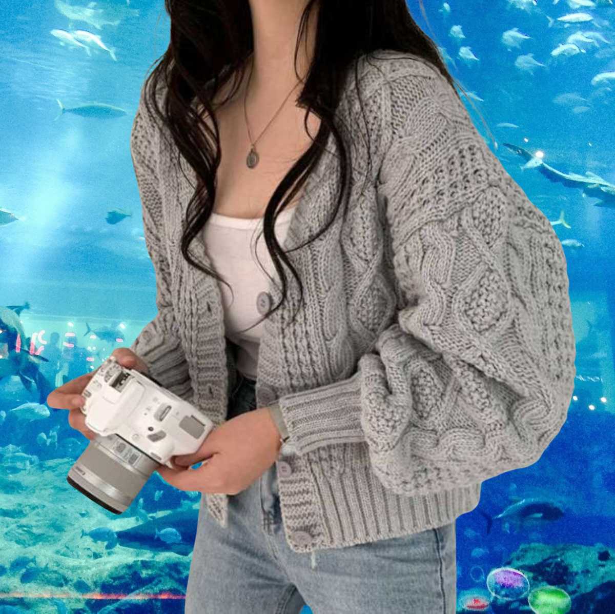 ケーブル編みカーディガン｜デート服