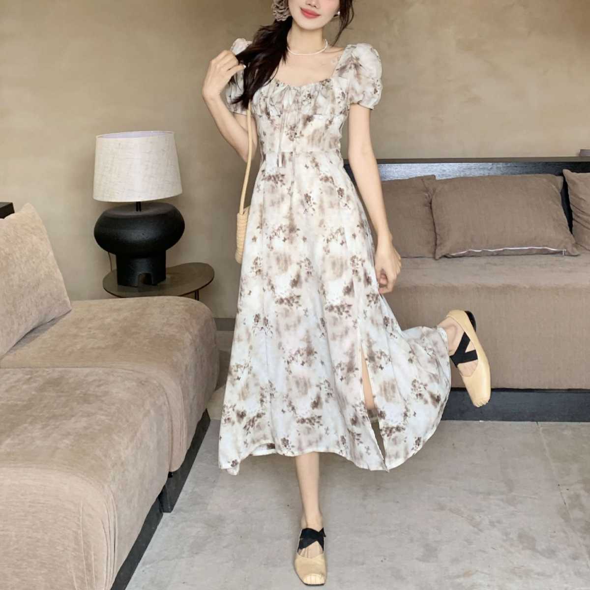 フリル袖花柄ワンピース｜デート服