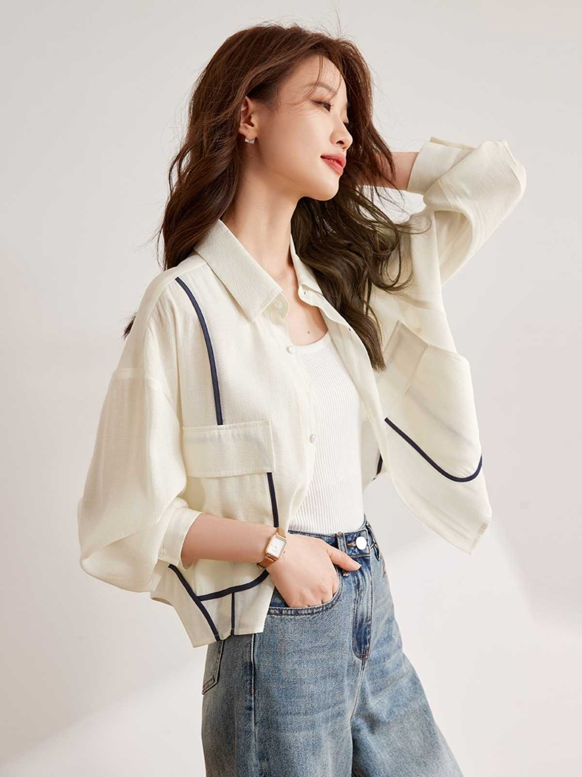 配色ラインポケットシャツ｜デート服