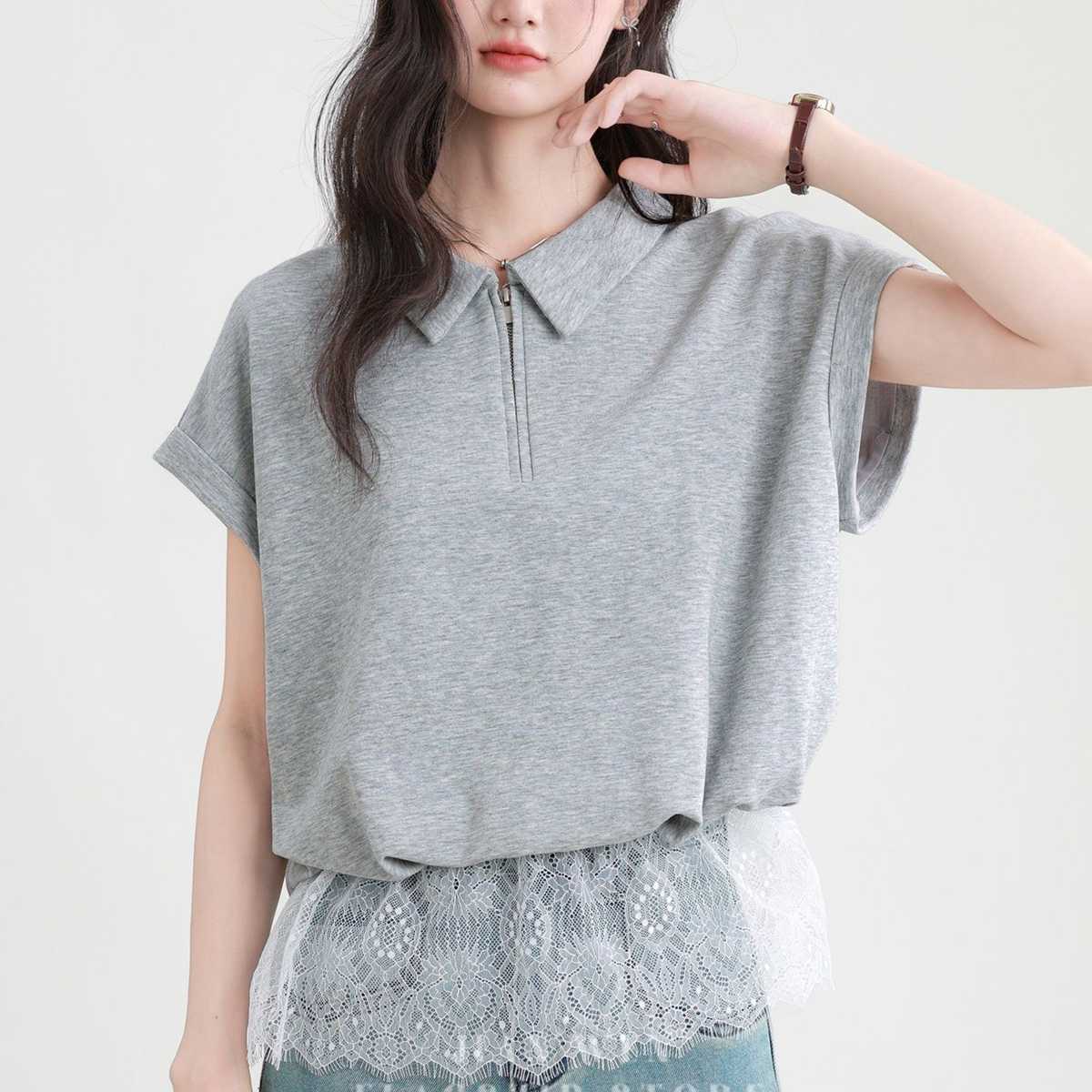 レースヘムジップポロトップス｜デート服