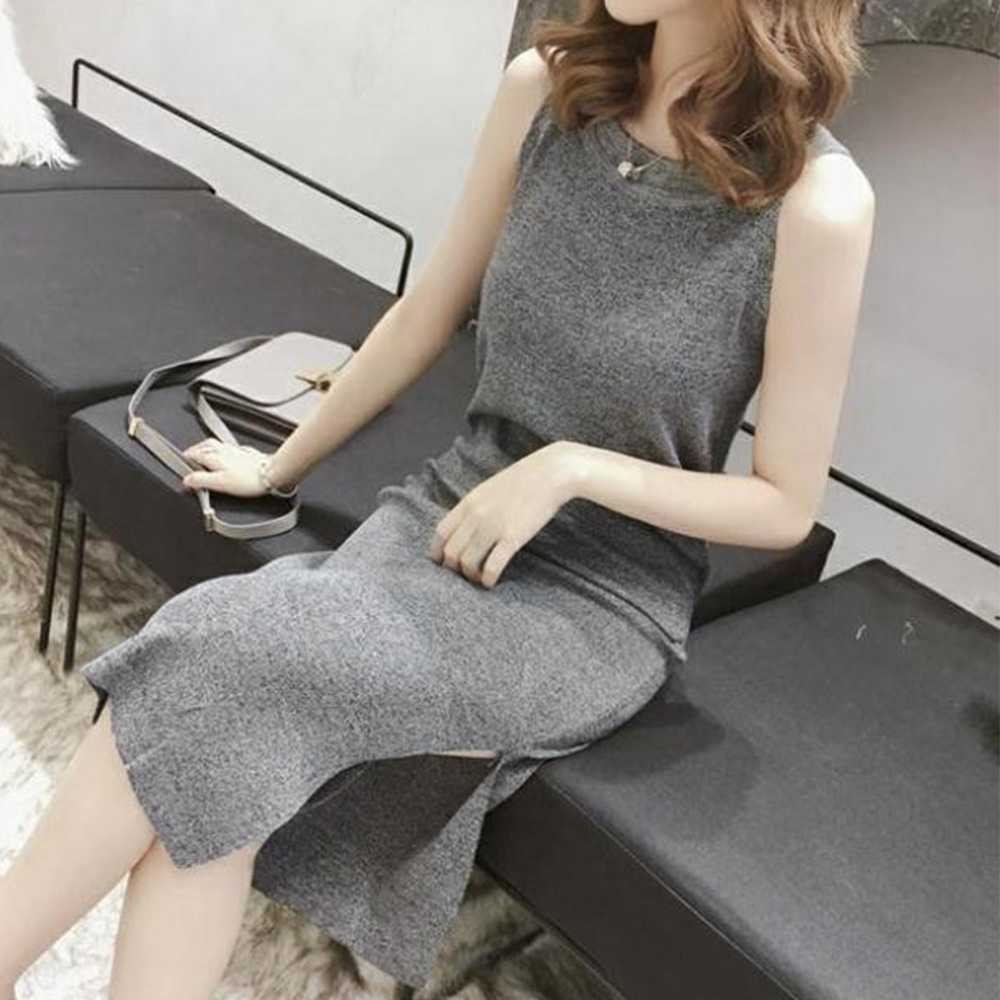 デート服 美シルエット ノースリーブ ニットワンピース 膝下丈 スリット入り