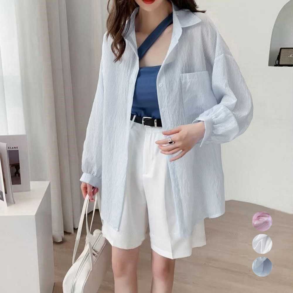 デート服 夏のデート用 透け感ストライプシアーシャツ