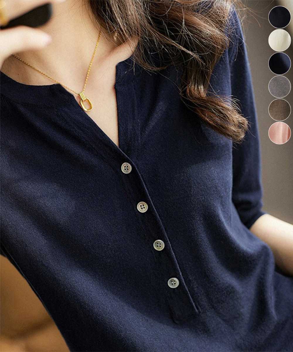 デート服 夏のデートにぴったり 五分袖ハーフボタンVネックニット
