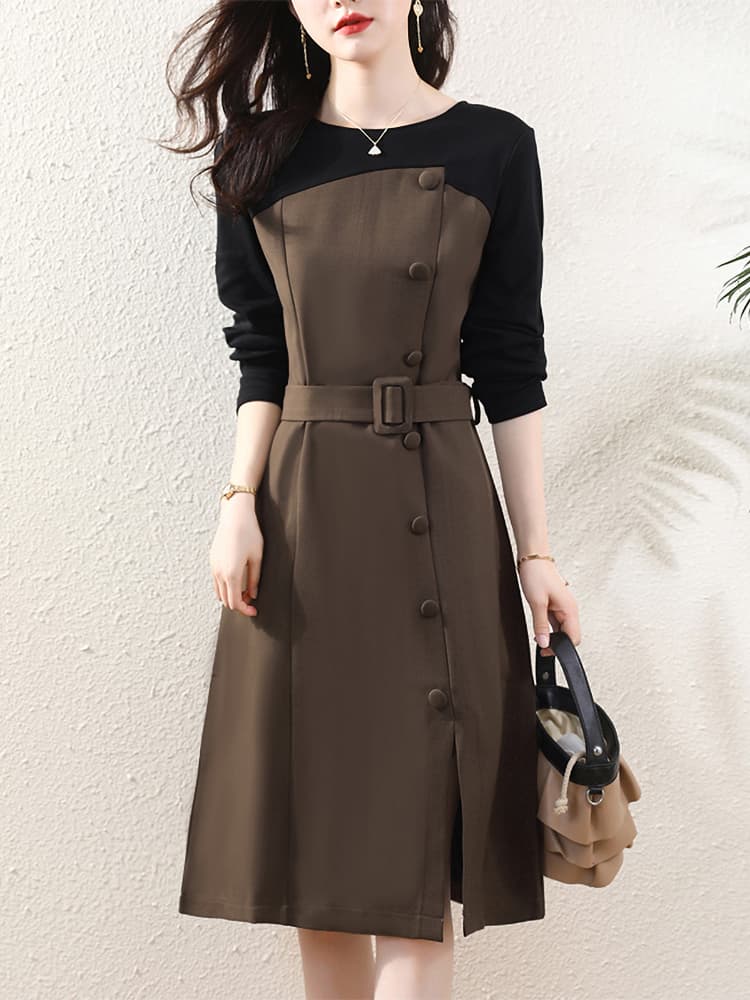 バイカラー切り替えボタンワンピース｜デート服