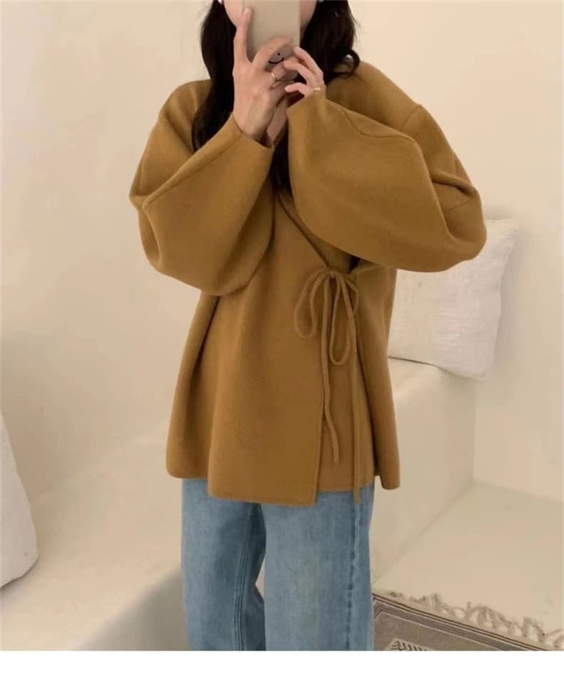 デート服秋のデート 秋冬 ゆったりニットカーディガン ウエストリボン付き