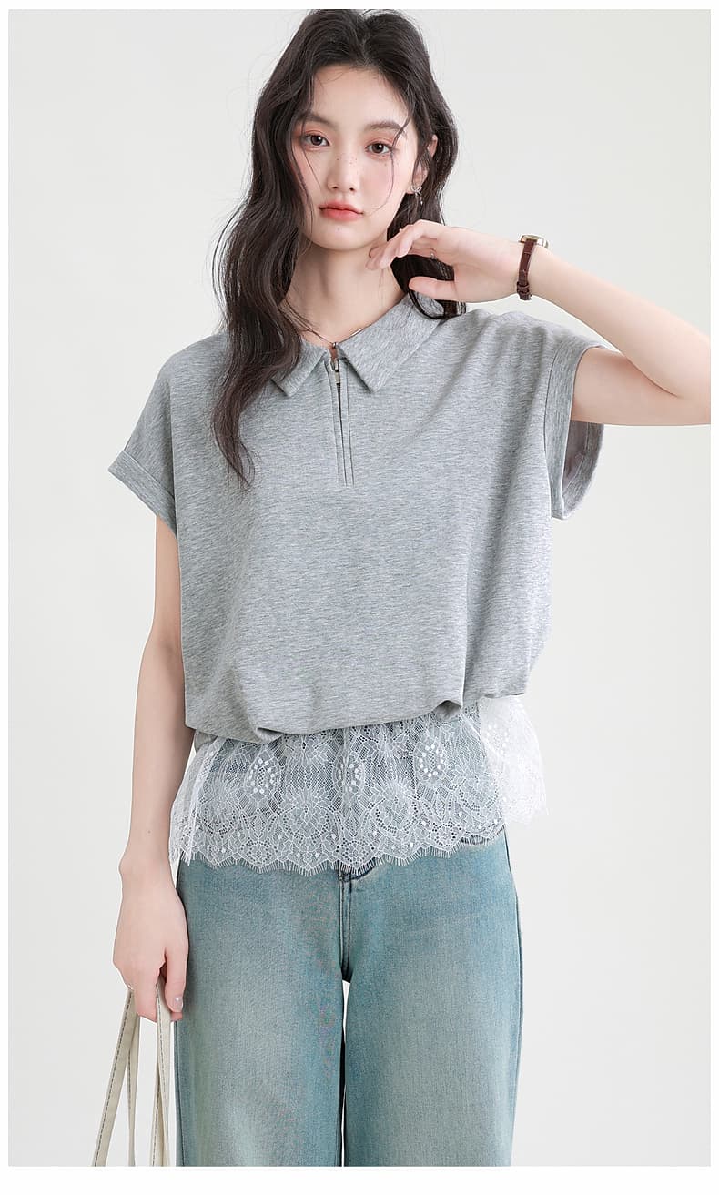 レースヘムジップポロトップス｜デート服