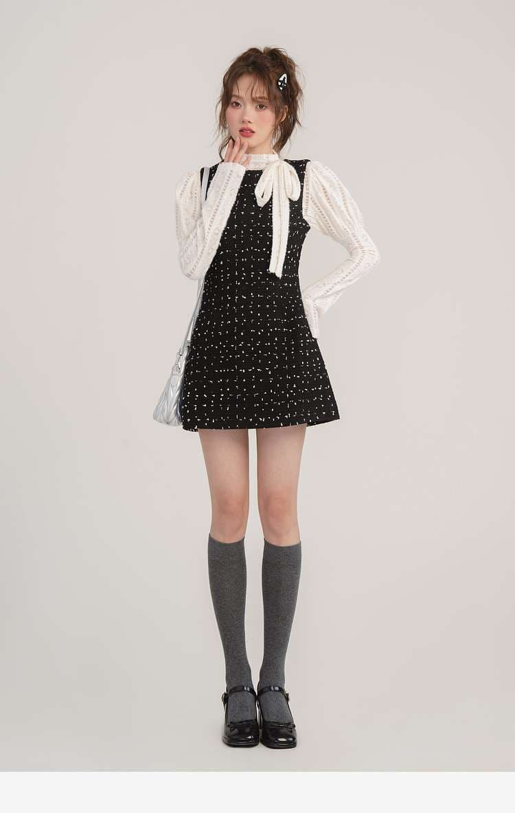 レーストップス＆ツイードミニワンピース セット｜デート服