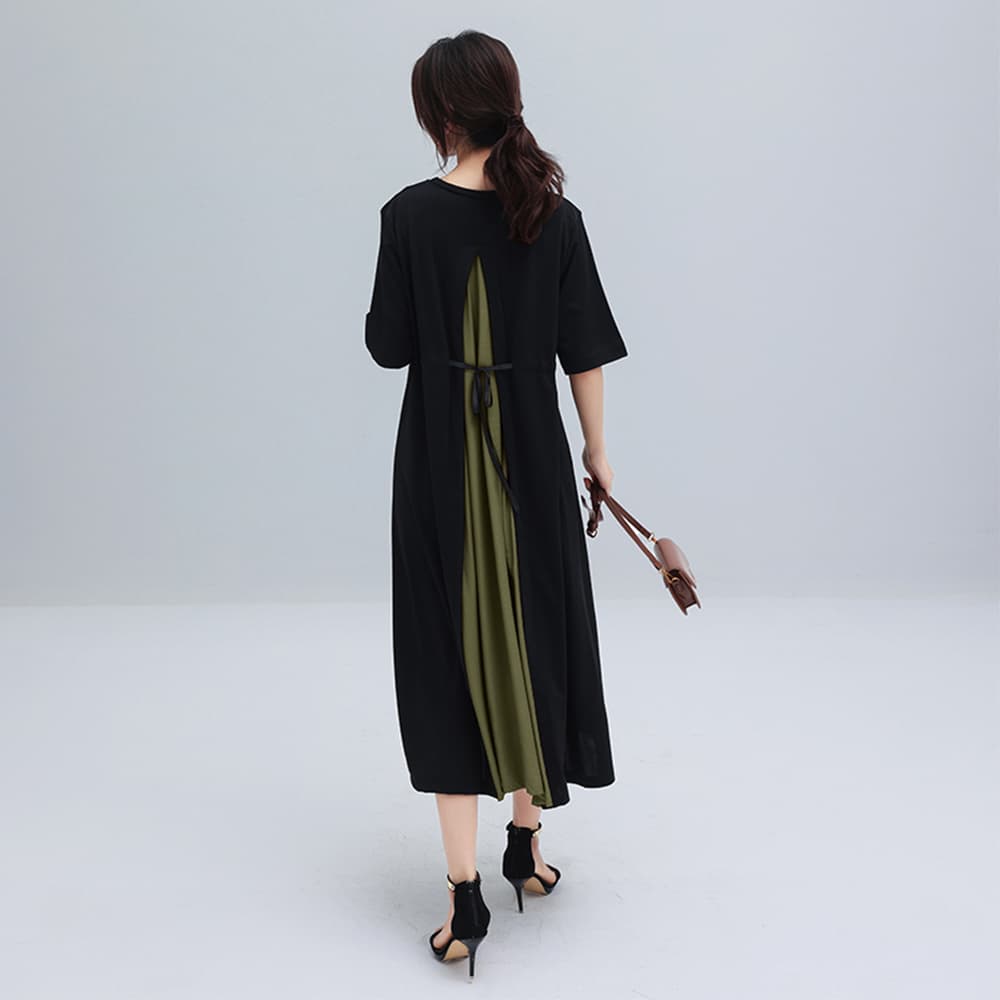 デート服 バック切り替え 上品ミモレ丈ワンピース