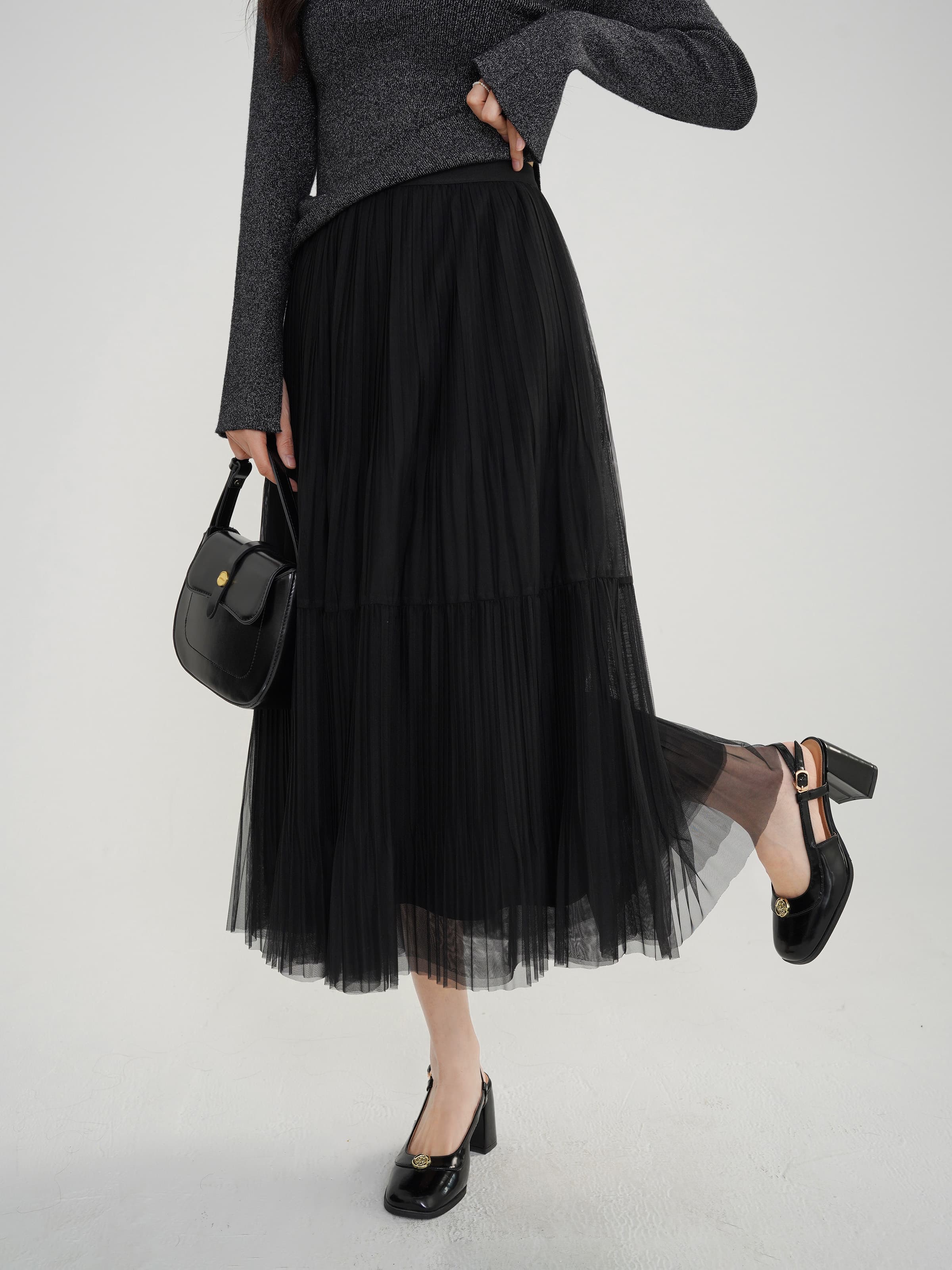 チュールプリーツロングスカート｜デート服