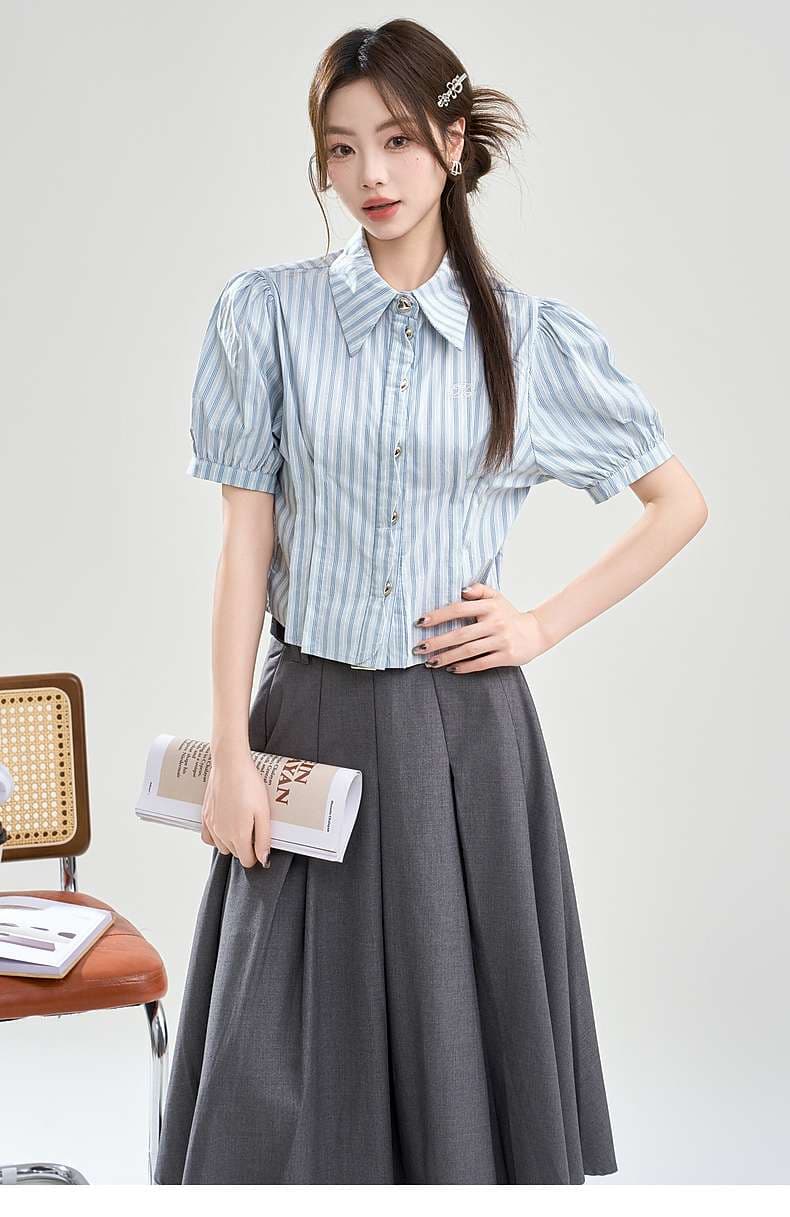 ふんわり袖のストライプシャツ｜デート服
