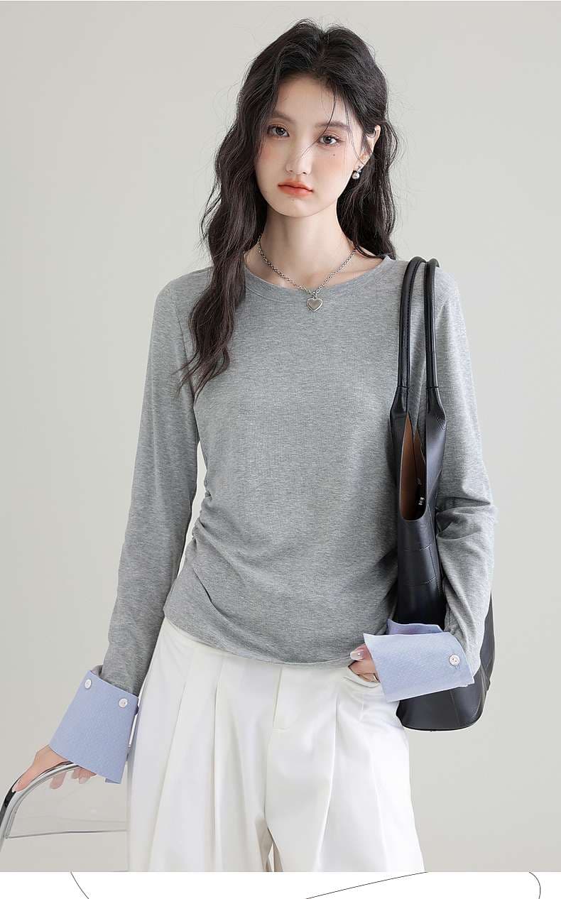 袖口切り替えロングスリーブカットソー｜デート服