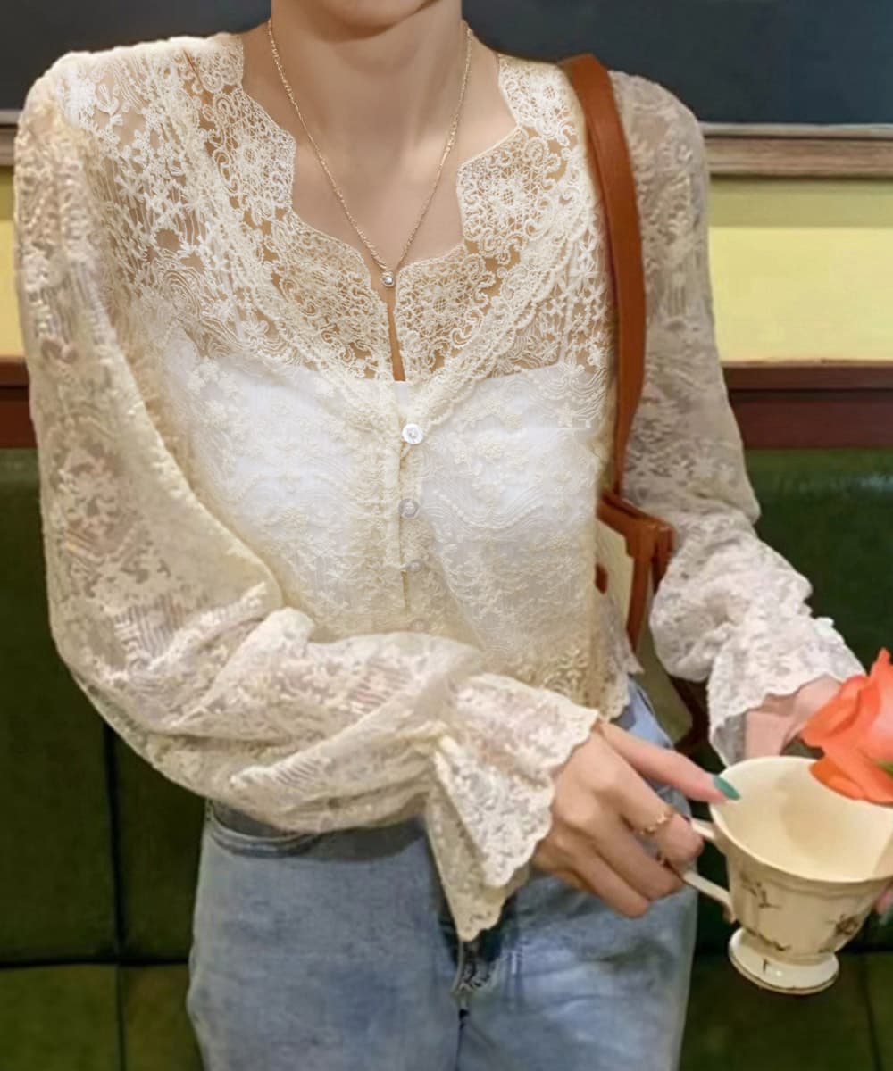 デート服春のデート服 花柄総レースブラウス透け感長袖トップス 春のデート