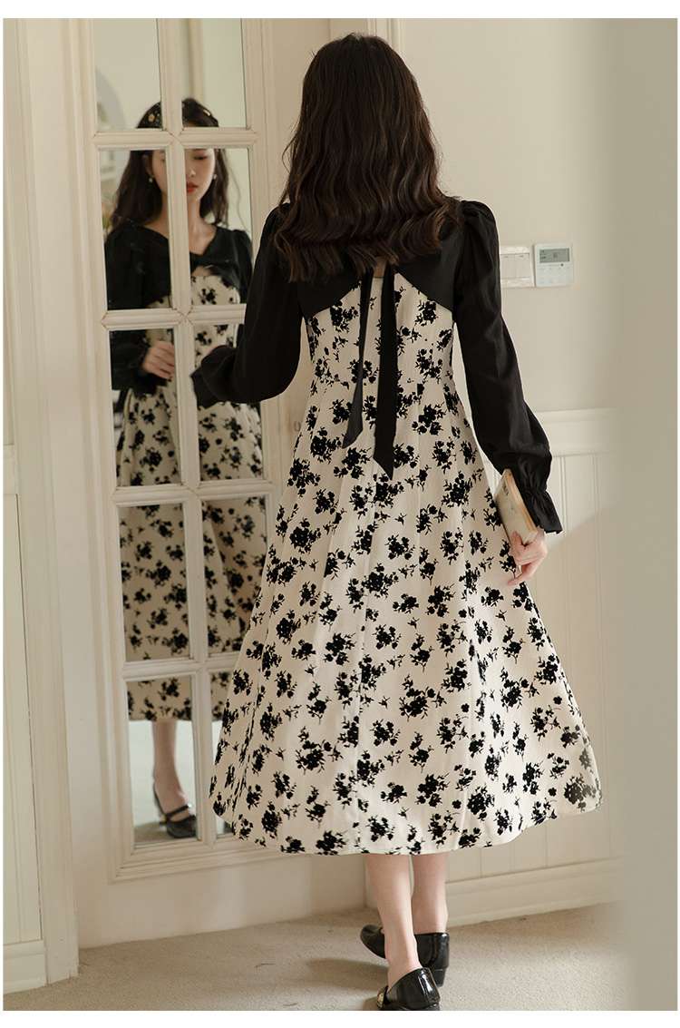 花柄切り替えパフスリーブワンピース｜デート服
