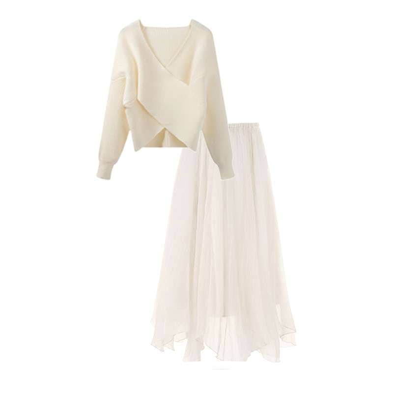 Vネックニットセーター＋メッシュスカート 2点セット｜デート服