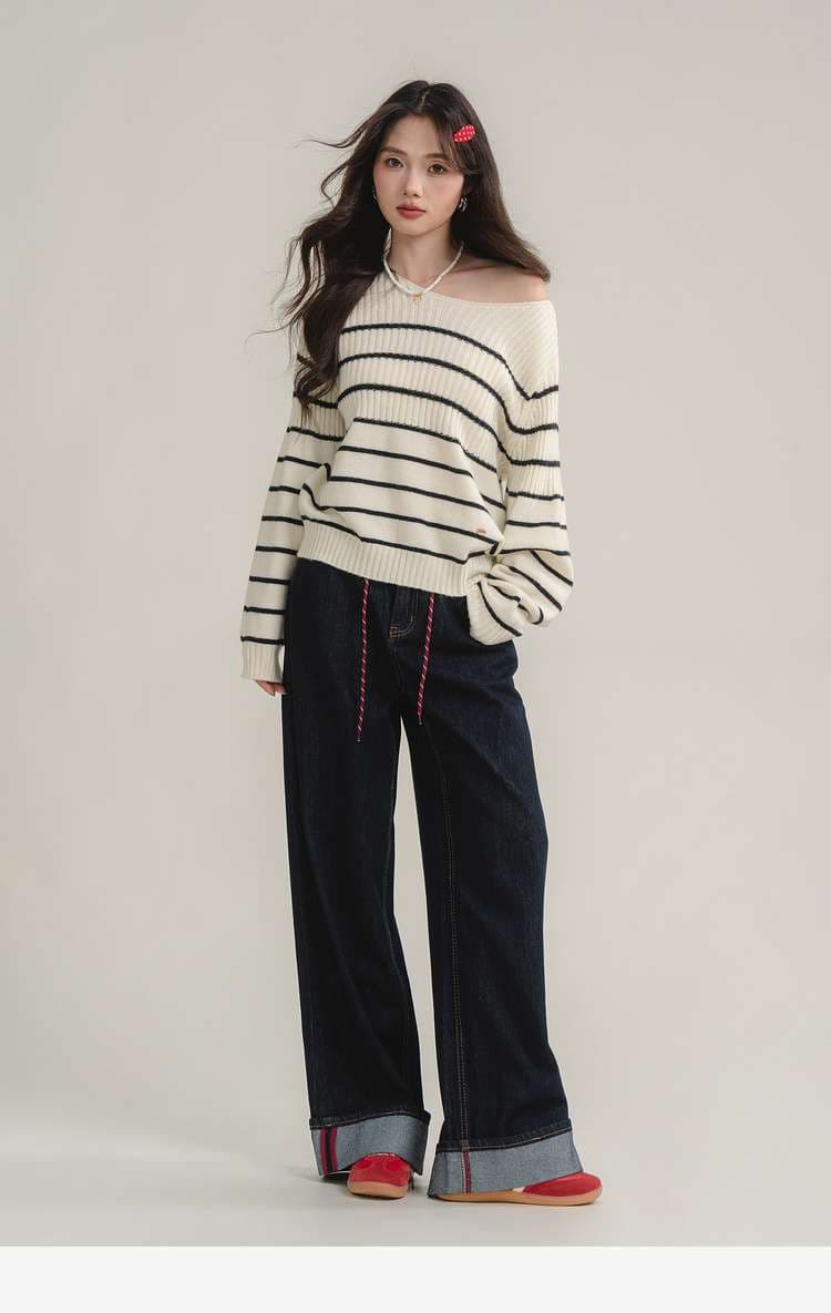 洗練カジュアルが叶う、ボーダーリブニットトップス｜デート服