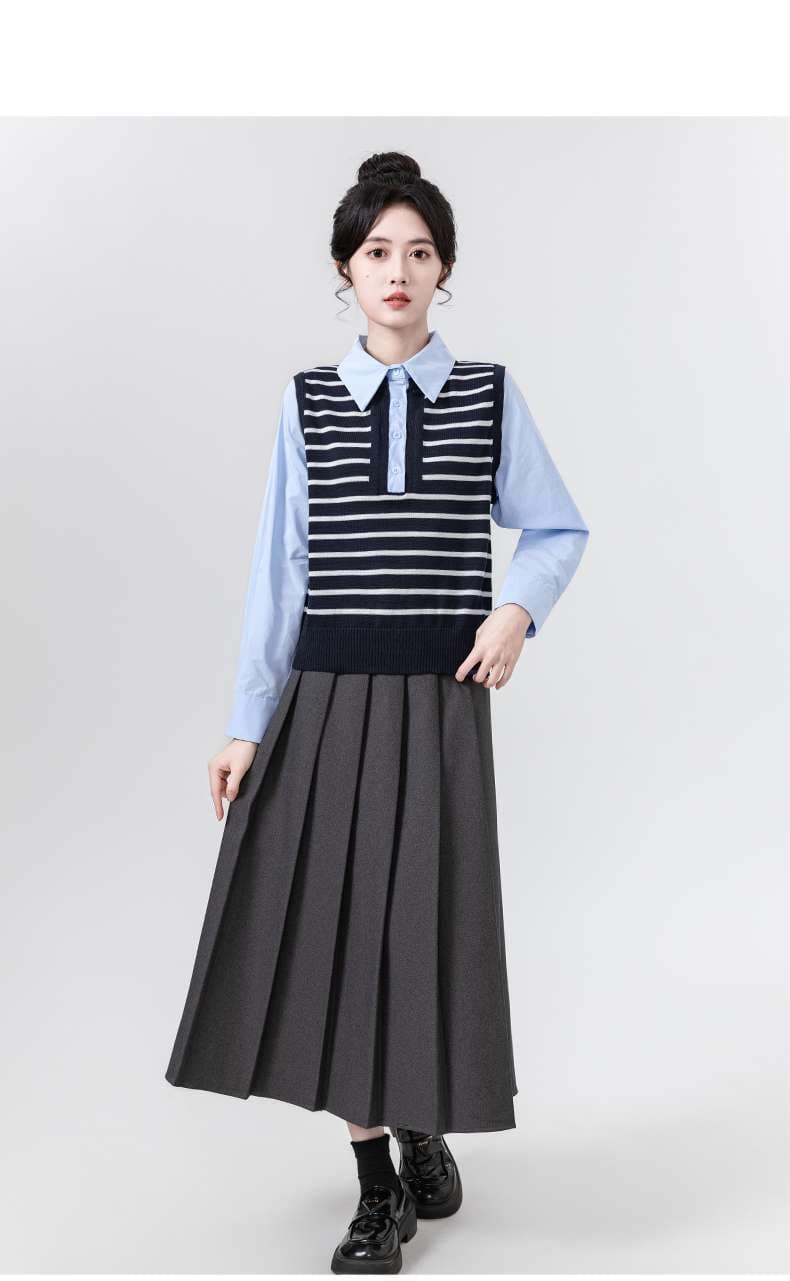 レイヤードニットベスト襟付きシャツ｜デート服