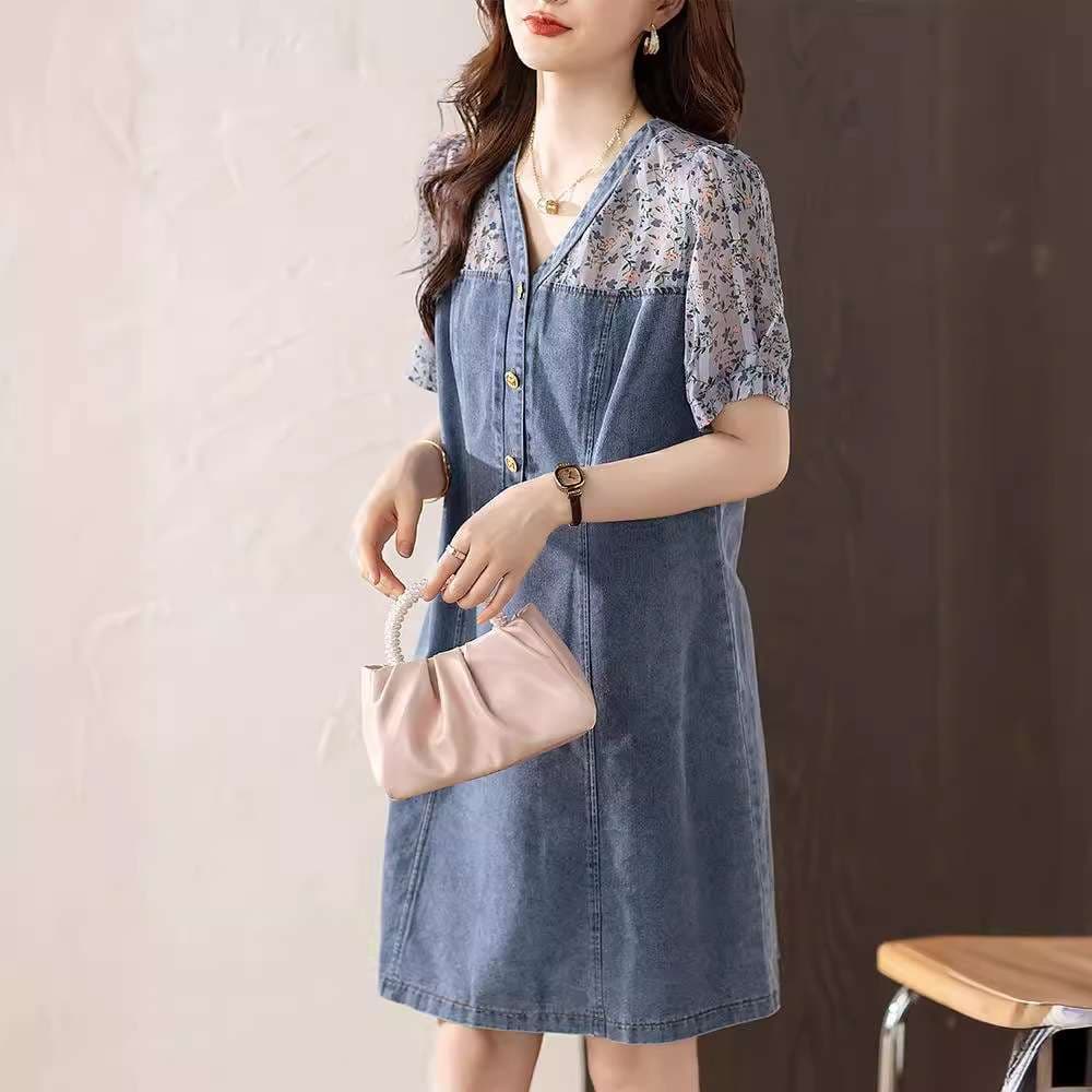 花柄切り替えデニムワンピース｜デート服