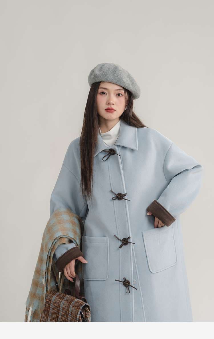バイカラーダッフルロングコート｜デート服