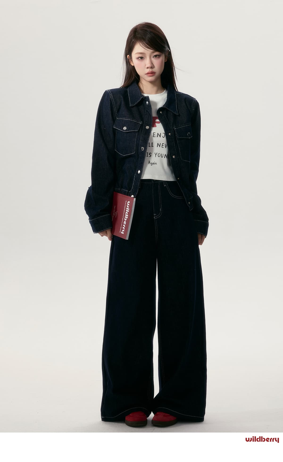 ステッチデニムジャケット×ワイドパンツ セットアップ風コーデ｜デート服
