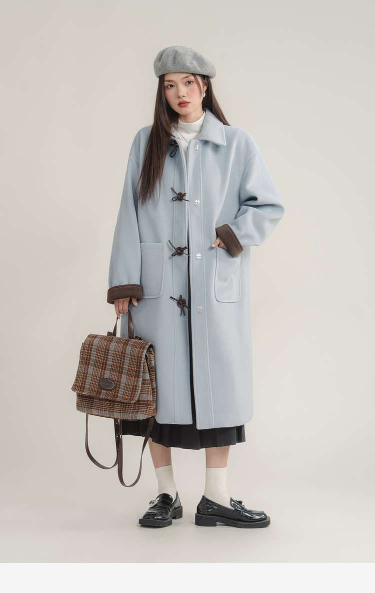 バイカラーダッフルロングコート｜デート服