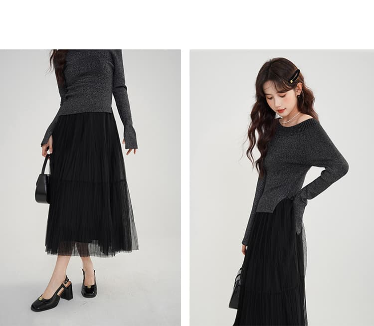 チュールプリーツロングスカート｜デート服