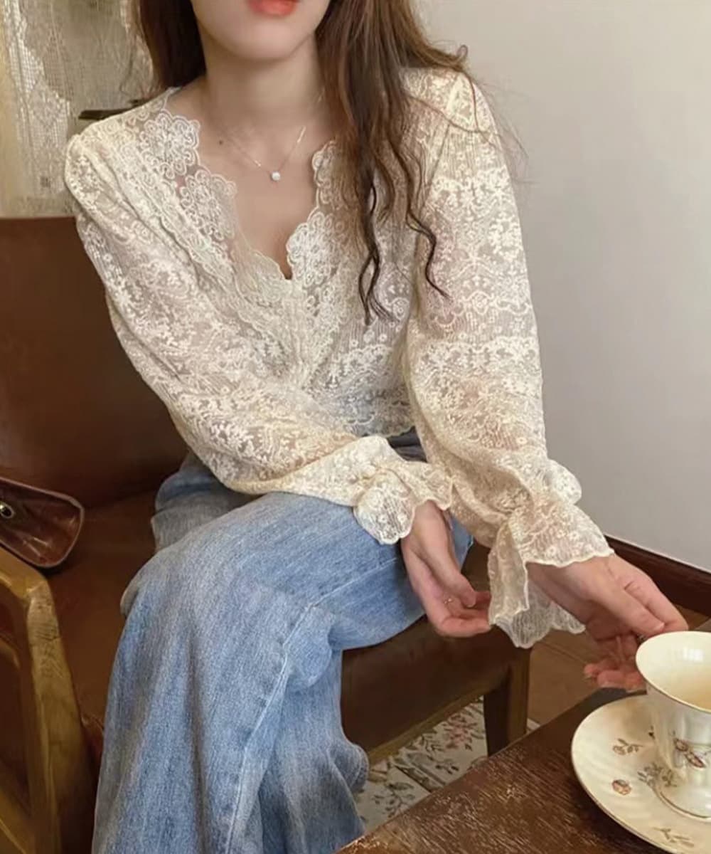 デート服春のデート服 花柄総レースブラウス透け感長袖トップス 春のデート